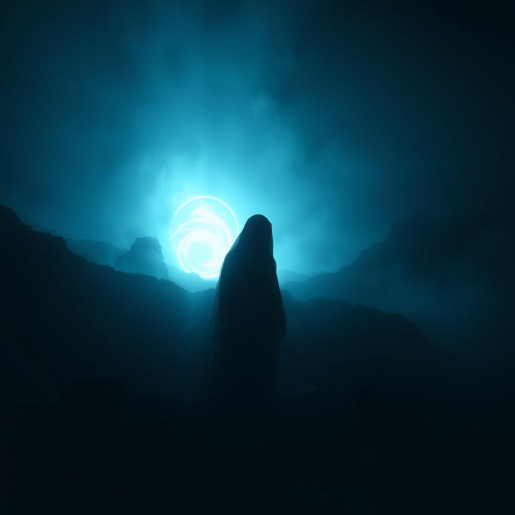 A dimly lit, ethereal landscape shrouded in an eerie, otherworldly glow. In the foreground, a ghostly figure emerges, its translucent form casting an unearthly shadow. The mid-ground reveals a shimmering portal, a gateway to an unseen realm, pulsing with an enigmatic energy. In the distance, a swirling vortex of light and shadow, hinting at the mysteries that lie beyond the veil of the physical world. The scene is bathed in a haunting, blue-tinged light, creating a sense of mystery and foreboding. Cinematic camera angles and moody chiaroscuro lighting lend an air of suspense and the supernatural.