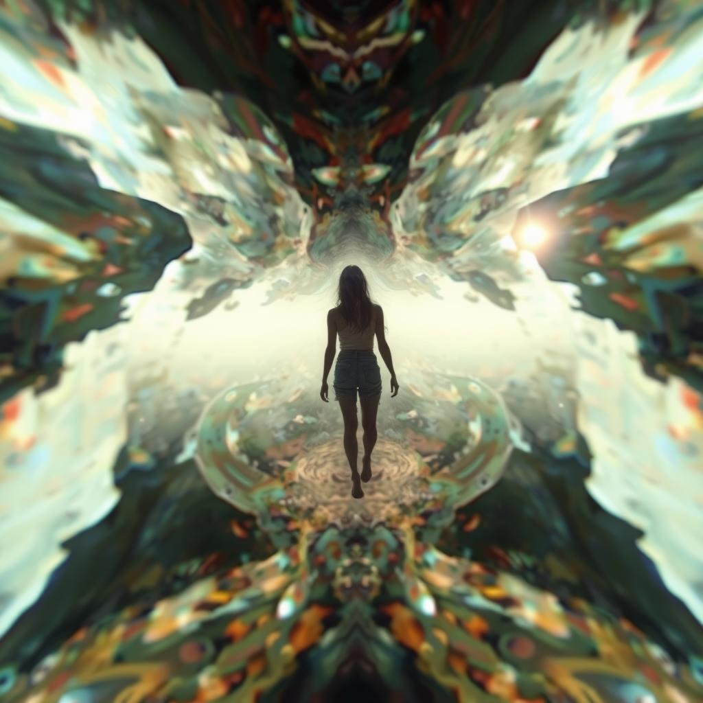 A distorted, kaleidoscopic landscape where the boundaries of time and space warp and blur. In the foreground, a lone figure appears to be suspended in a state of temporal flux, their body and features shifting and blending with the surreal environment around them. Shimmering rays of light refract through the warped space, casting an ethereal, almost dreamlike glow. The middle ground is a swirling vortex of fragmented shapes and colors, hinting at the chaotic nature of the time-distorted realm. In the distant background, the horizon is obscured by a hazy, indistinct void, further emphasizing the disorienting, otherworldly atmosphere. The overall tone is one of disquieting wonder, a visual representation of the unsettling experience of a time warp.