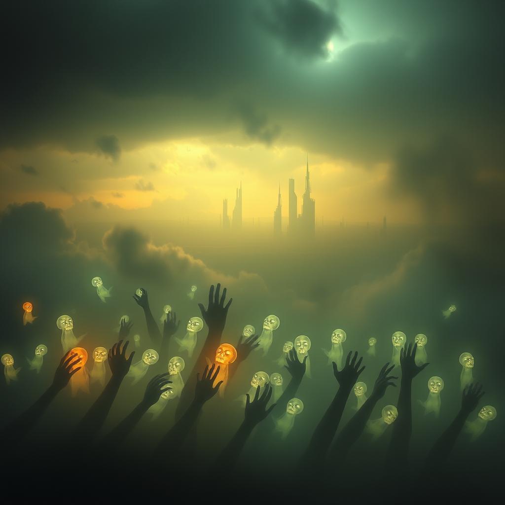 A dreamscape of interconnected minds, where visions of catastrophe and shared distress blur the boundaries between reality and the subconscious. Glowing ethereal forms drift through a nebulous landscape, illuminated by an otherworldly light that casts long, eerie shadows. In the foreground, a tangle of ghostly figures reach out, their expressions etched with alarm and trepidation. The middle ground reveals a panoramic vista of towering, ominous structures silhouetted against a roiling, stormy sky. The background fades into a hazy, unsettling void, hinting at the depths of the shared subconscious. An atmosphere of unease and foreboding permeates the scene, capturing the essence of "Shared Dreams of Disaster".