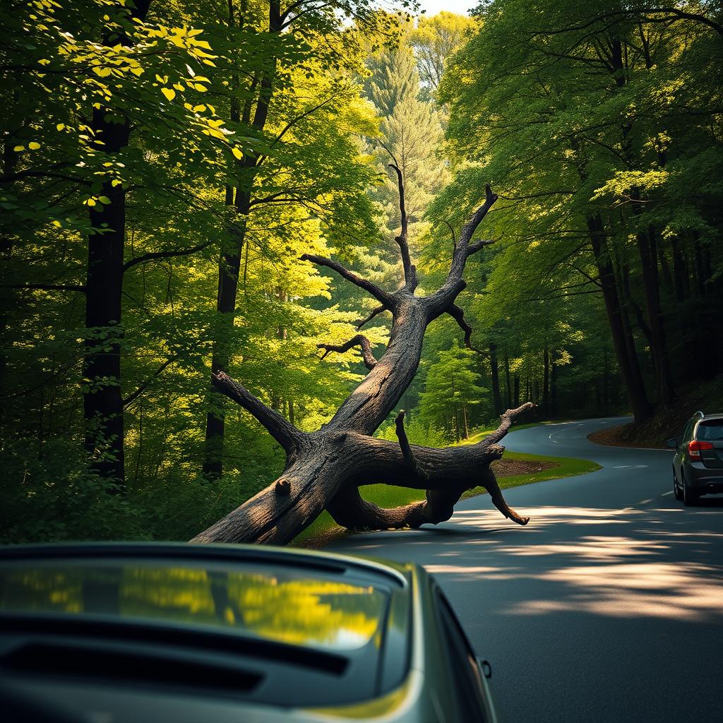 A serene forest scene with a fallen tree partially blocking the road. Sunlight filters through the lush, verdant foliage, casting warm, soft shadows. In the foreground, a car has narrowly avoided colliding with the tree, its driver reacting with a look of relieved surprise. The middle ground features the tree's broken trunk and twisted branches, creating an intriguing visual obstacle. In the background, the winding road continues, hinting at the driver's fortunate timing in navigating this unexpected hazard. The overall atmosphere conveys a sense of unexpected drama tempered by the tranquility of the natural setting.