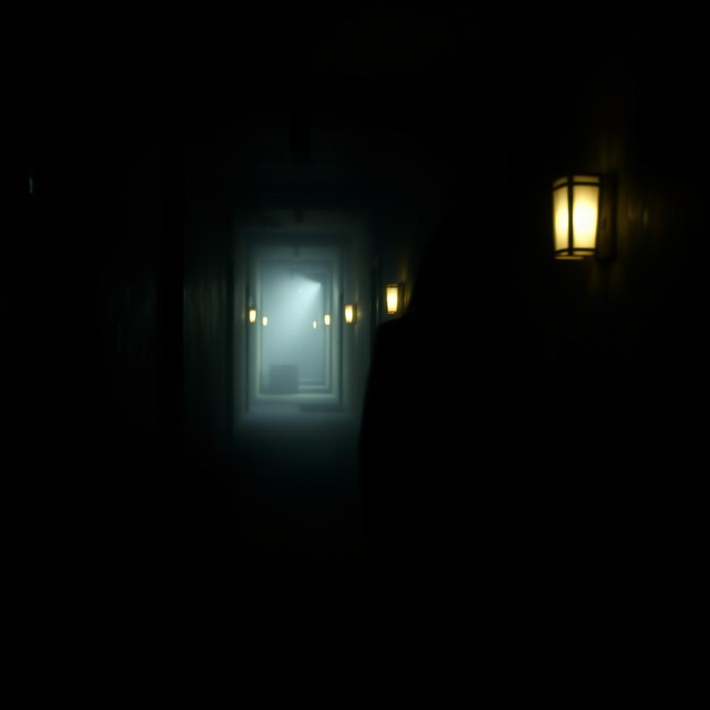 An eerie, dimly lit hallway with flickering lights and an unsettling atmosphere. In the foreground, a shadowy figure appears to be moving, its form indistinct and unsettling. The middle ground features a long, winding corridor with a sense of depth and foreboding. The background is shrouded in a hazy mist, adding to the sense of mystery and the unknown. The lighting is low and moody, with a haunting, supernatural quality that sets the mood for a paranormal encounter. The camera angle is slightly tilted, adding to the unease and tension of the scene.